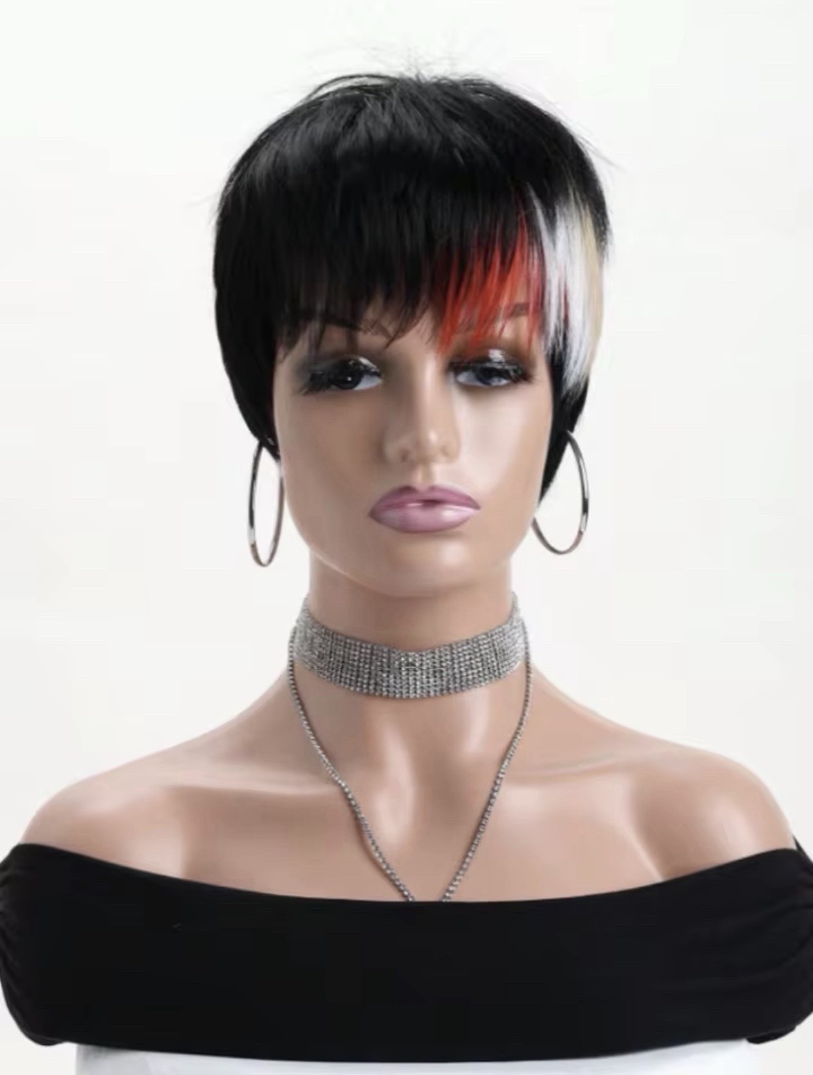 Women Straight Pixie Wig 10in Black With Blonde & Red Highlights Colored