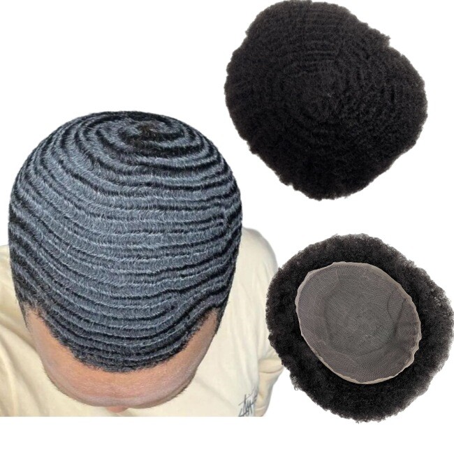 Hair for Black Men Afro Curly Toupee Human Hairpiece 6MM 8×10 Full Lace Wave
