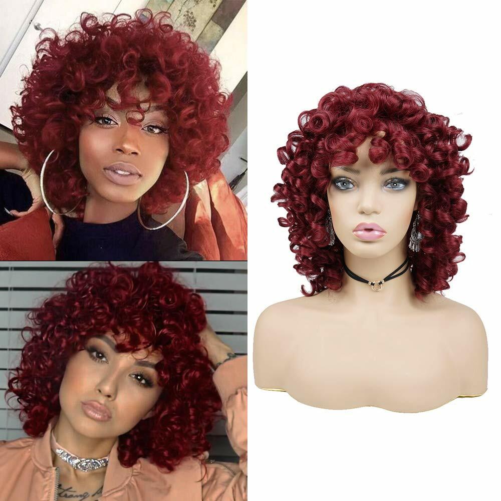 Burgundy Red Wigs Short Loose Curly Wig with Bangs for Women Natural Party Soft
