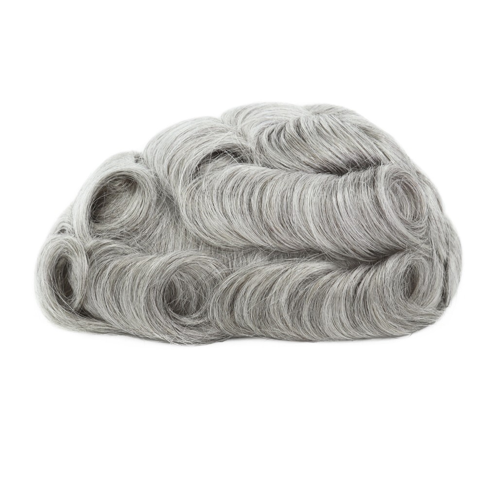 Mens Toupee Thin Skin Knotted Human Hair Replacement System Grey Hair Hairpiece