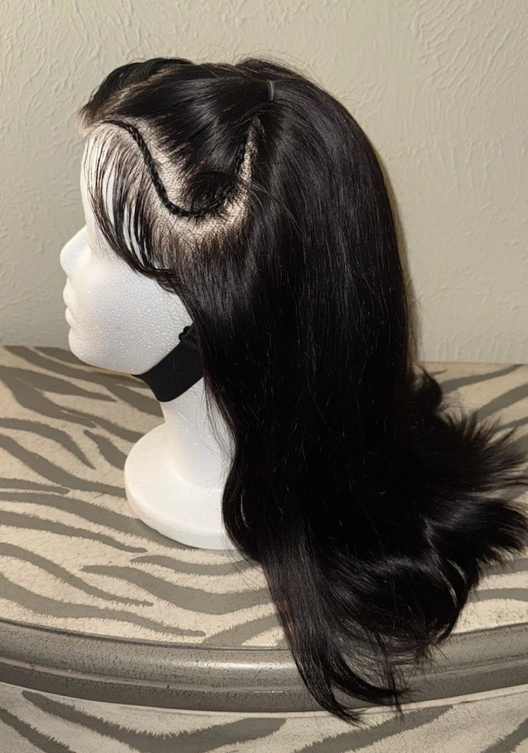 Beautiful,100% Human Hair,Jet Black Wig,Straight Style With 2 Braids In Front