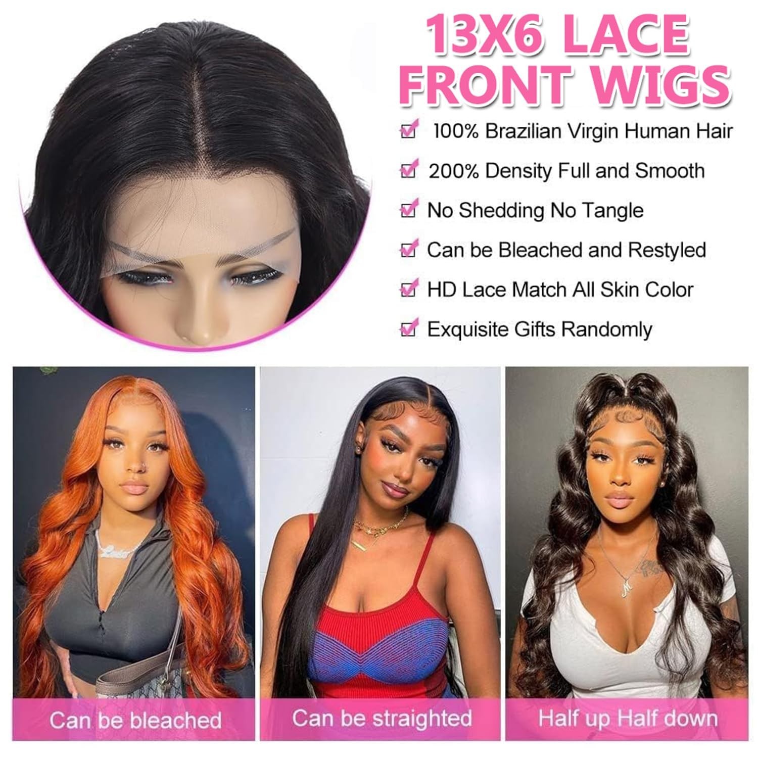 30″ 13×6 Body Wave Lace Front Wig Human Hair 200% Density HD Transparent Pre-Plu