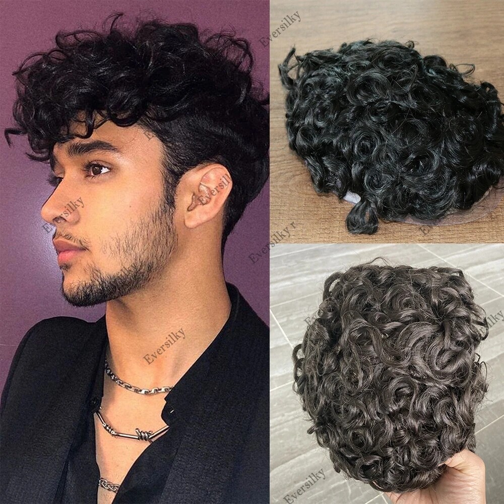Full Skin Base 20mm Curly Human Hair Men’s Toupee Durable Prosthesis System Unit