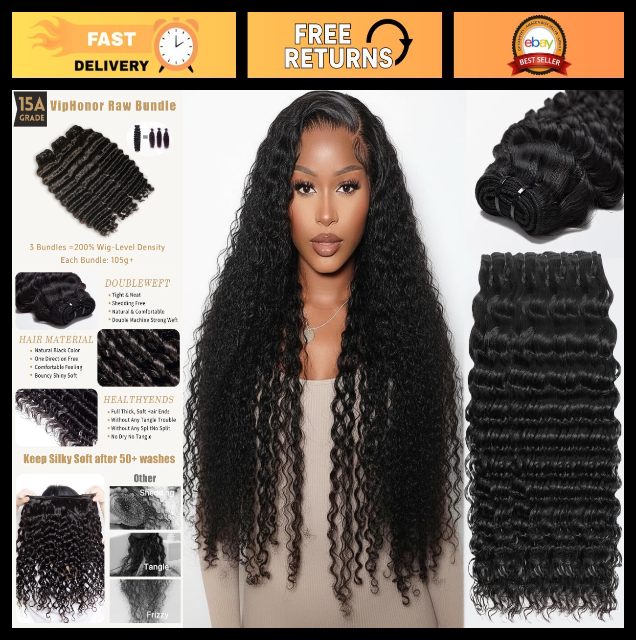 Deep Wave Human Hair Bundles 15A Unprocessed Curly, Soft & Tangle-Free, 3X Lifes