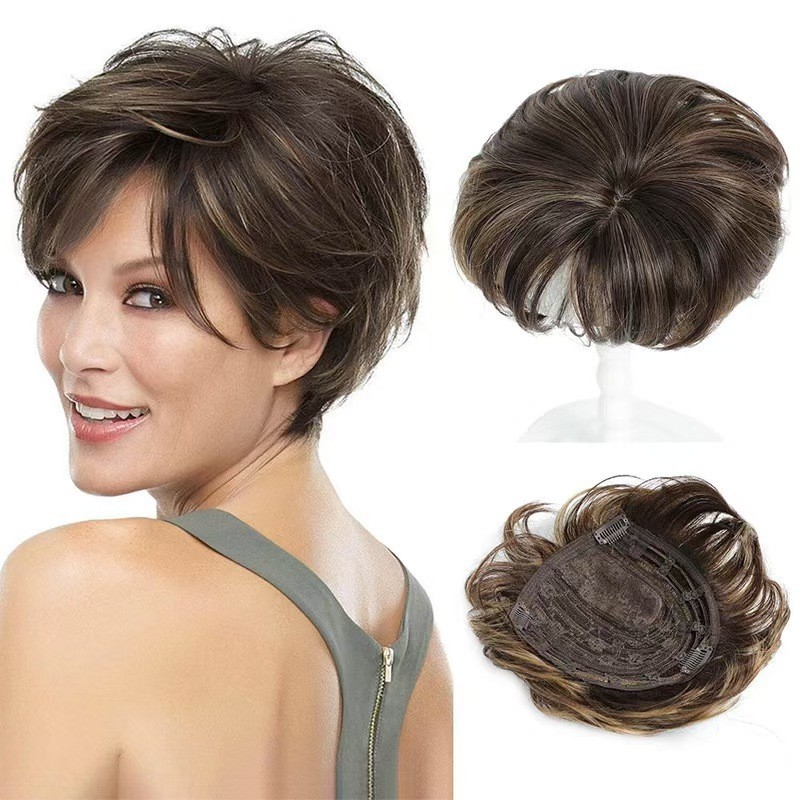 Women Synthetic Hair Topper Short Curly Wiglet Clip In Crown Gray Black New
