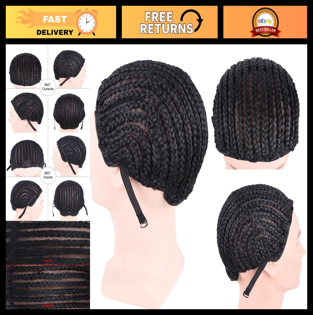 Adjustable Crotchet Cornrows Wig Caps with Combs – 2Pcs Durable Weaving Caps