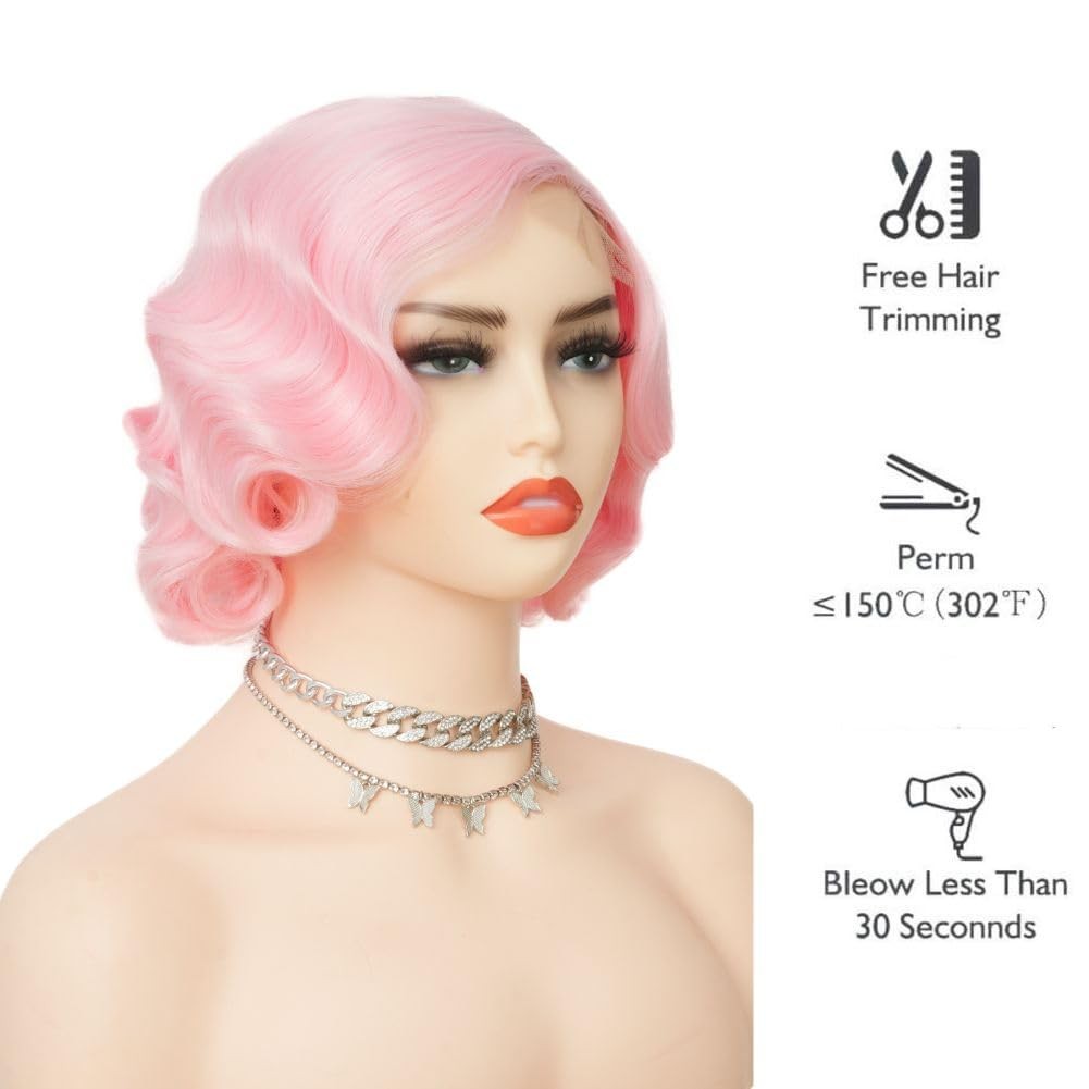 Salaibs Pink Finger Wave Wig 1920s Women’s Heat Resistant Synthetic