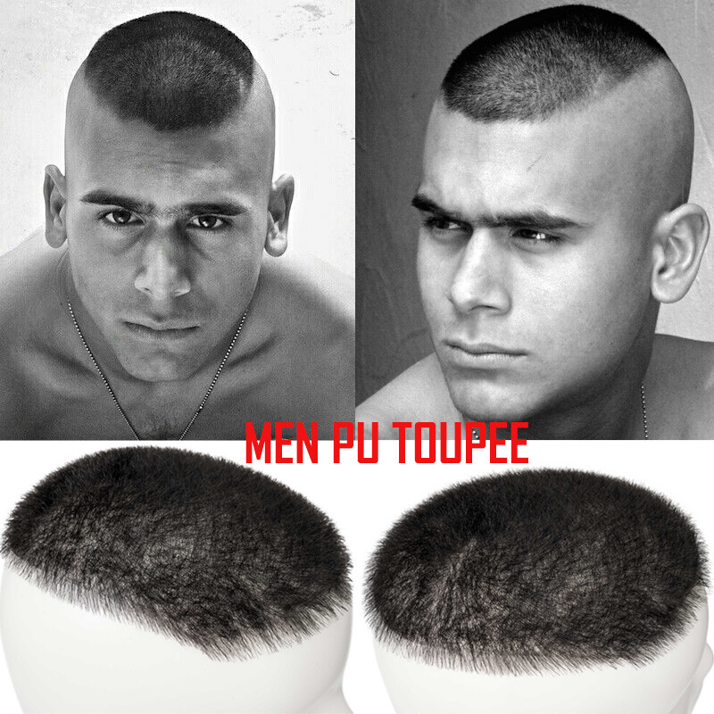 Mens Toupee Hairpiece PU Human Hair System Replacement Buzz Cut Short Hair Wigs