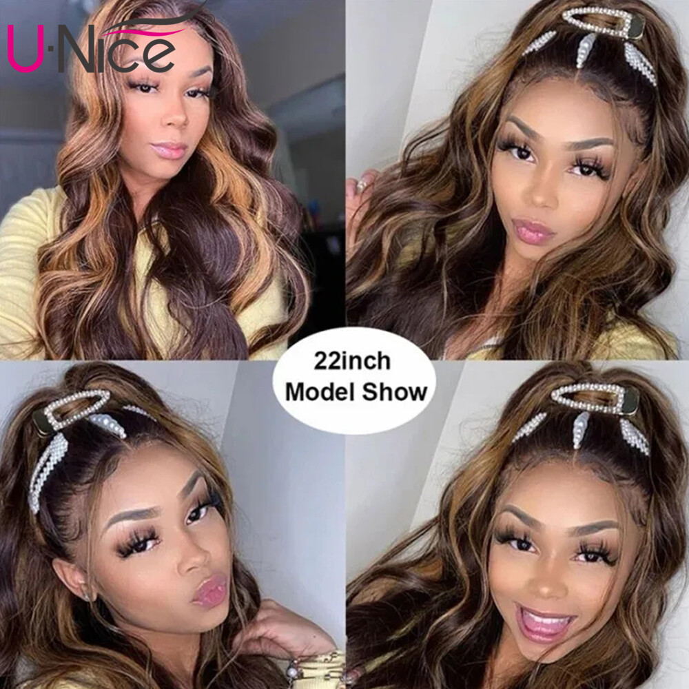 UNice Cambodian Ombre Brown Body Wave Lace Front Human Hair Wigs Pre Plucked US