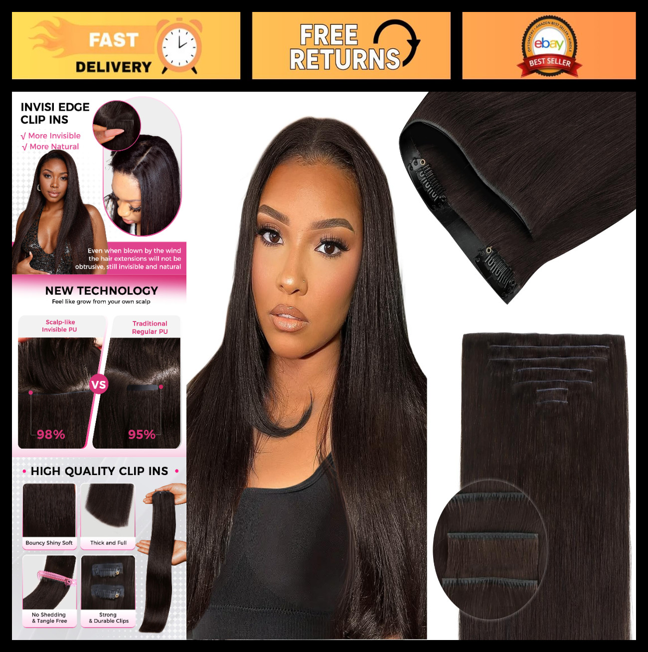 16″ 110g Clip-In Hair Extensions, 7pcs Seamless PU, Virgin Human Hair, Dark Brow