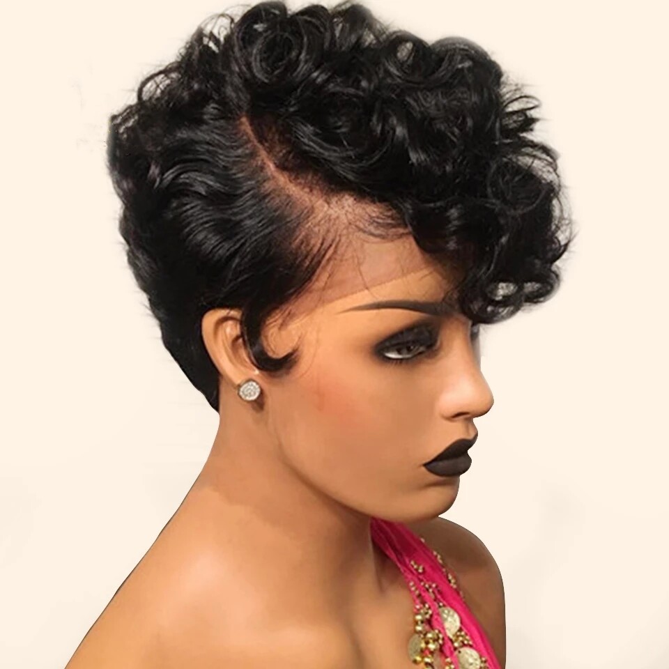 13*1 Bouncy Curly Pixie Cut Lace Front Black Brazilian Human Hair Wigs For Women