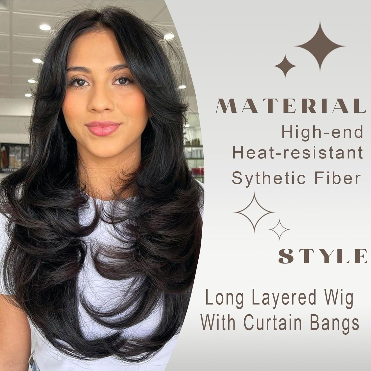 Aisaide Long Wavy Highlight Brown Layered Wig with Curtain Bangs for 2/30