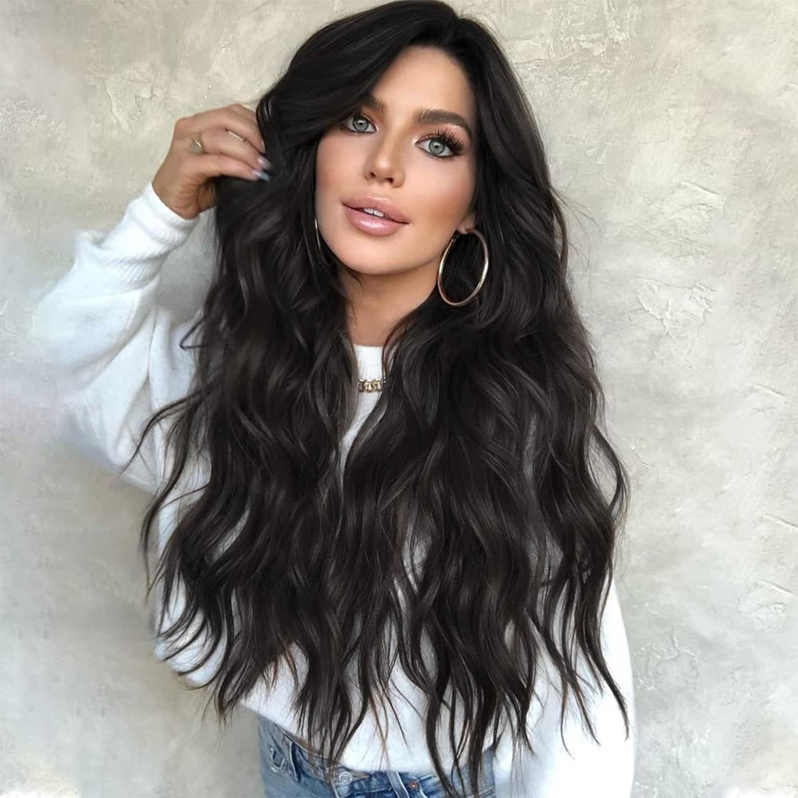 AISI QUEENS Long Black Wigs for Women Middle Part Curly Wavy Black Wig Natura…
