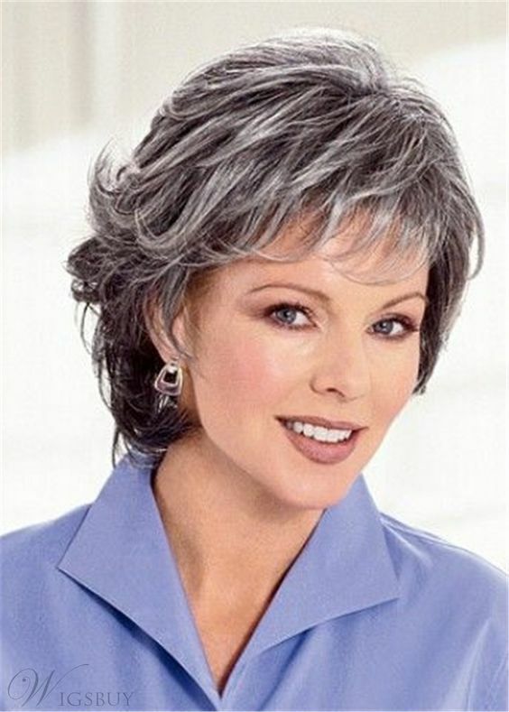 Women Short Gray White Hair With Black Mixed Wig with Bangs MoM Wig Synthetic US