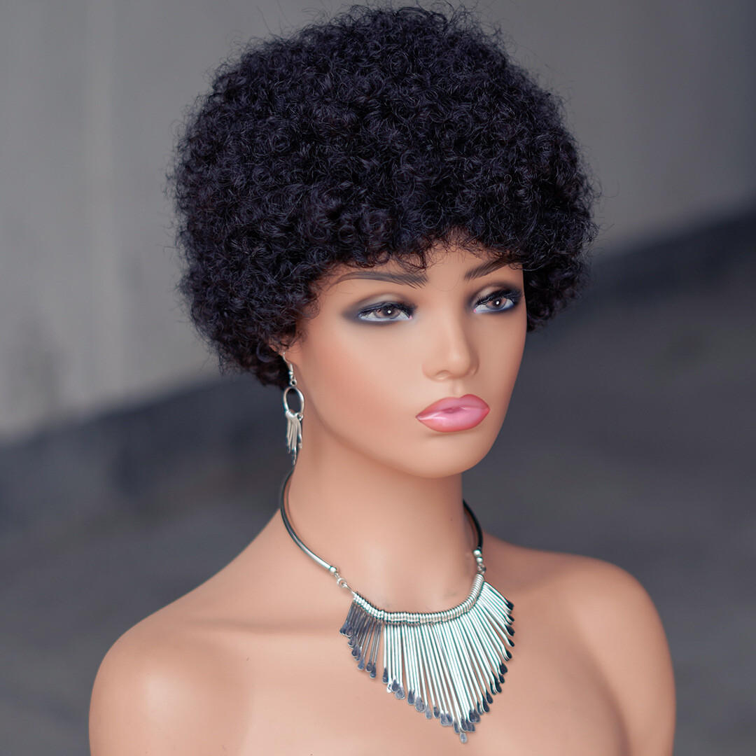 6″ Human Hair Wig Short Afro Kinky Curly Full Machine Made Wig for Black Women