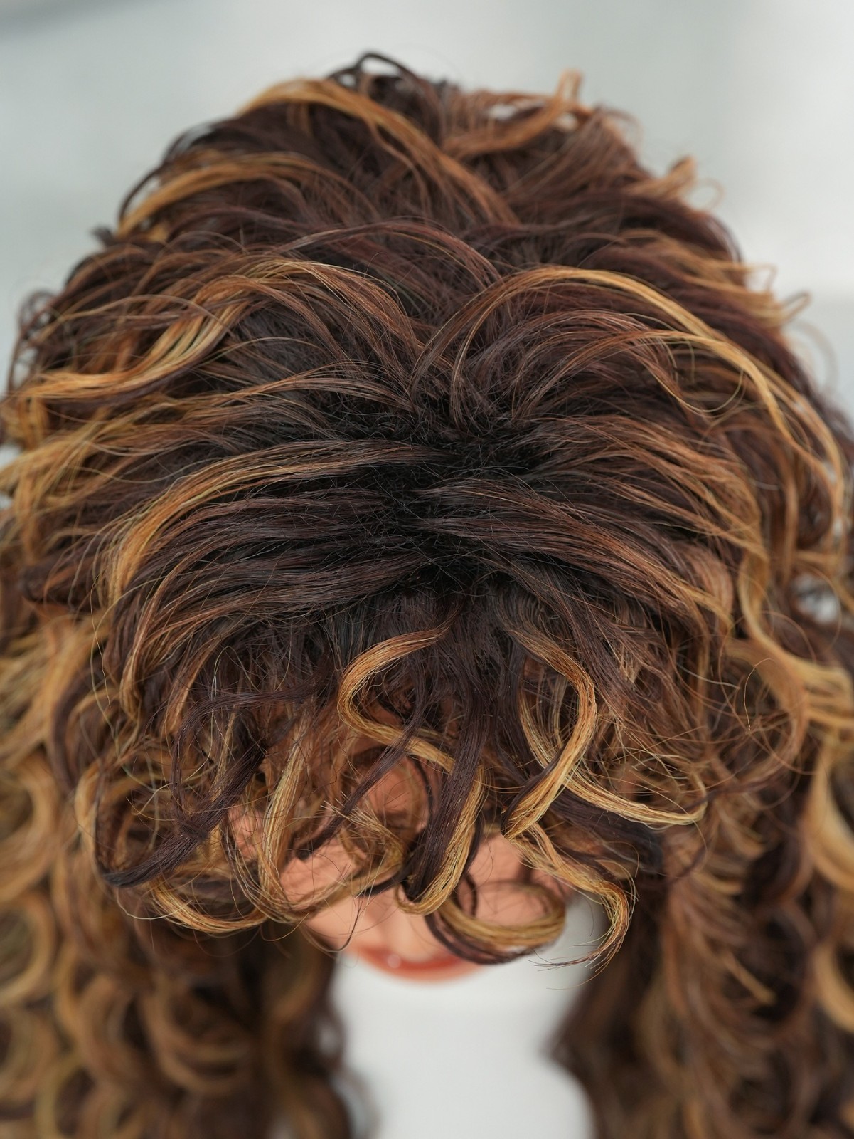 Brown Honey golden curly springy curly long hair with bangs synthetic fibers