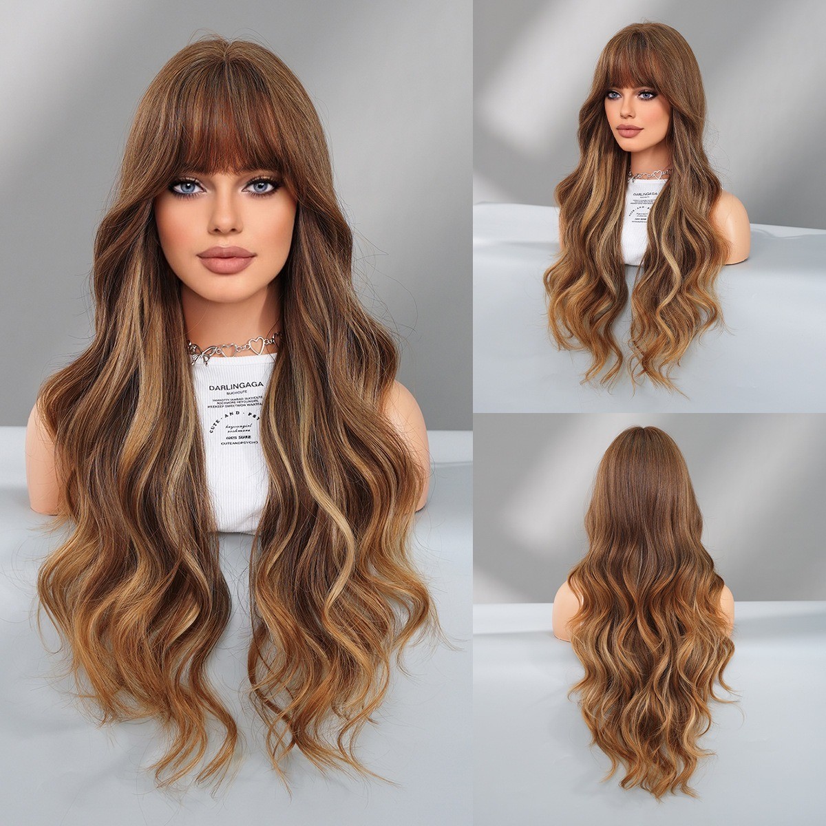 Golden highlighted long curly hair with big waves and bangs wigs