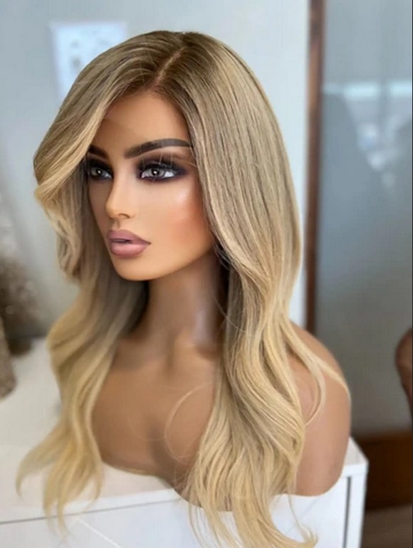 24 Inches Ombre Ash Blonde Shadow Roots Highlight Lace Front 100% Human Hair Wig
