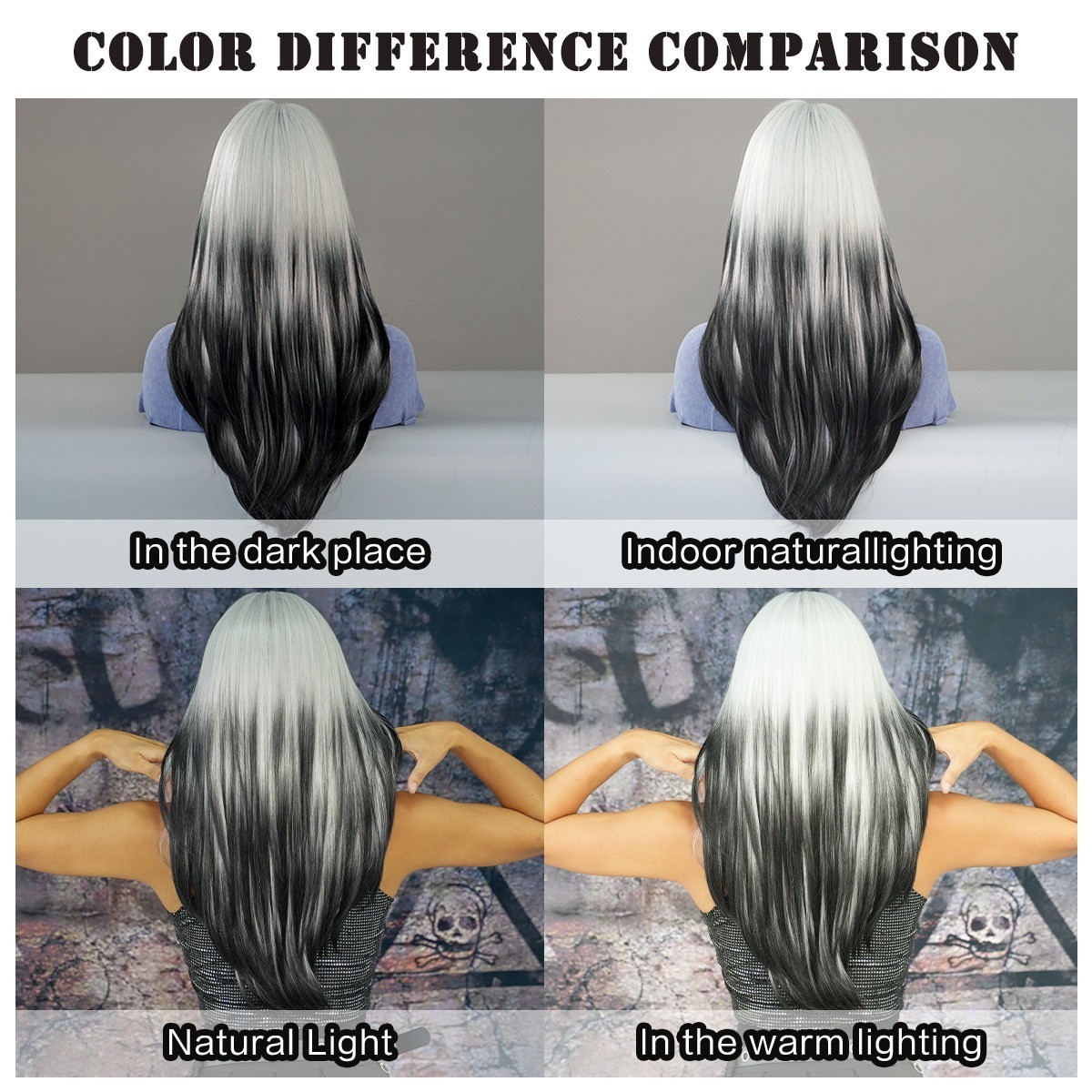 Silver-white gradually darkening black long straight hair high-level wig