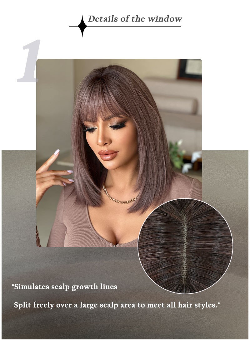 Pink Purple Straight Wig with Bangs Heat-Resistant Layered Synthetic Hair 17″