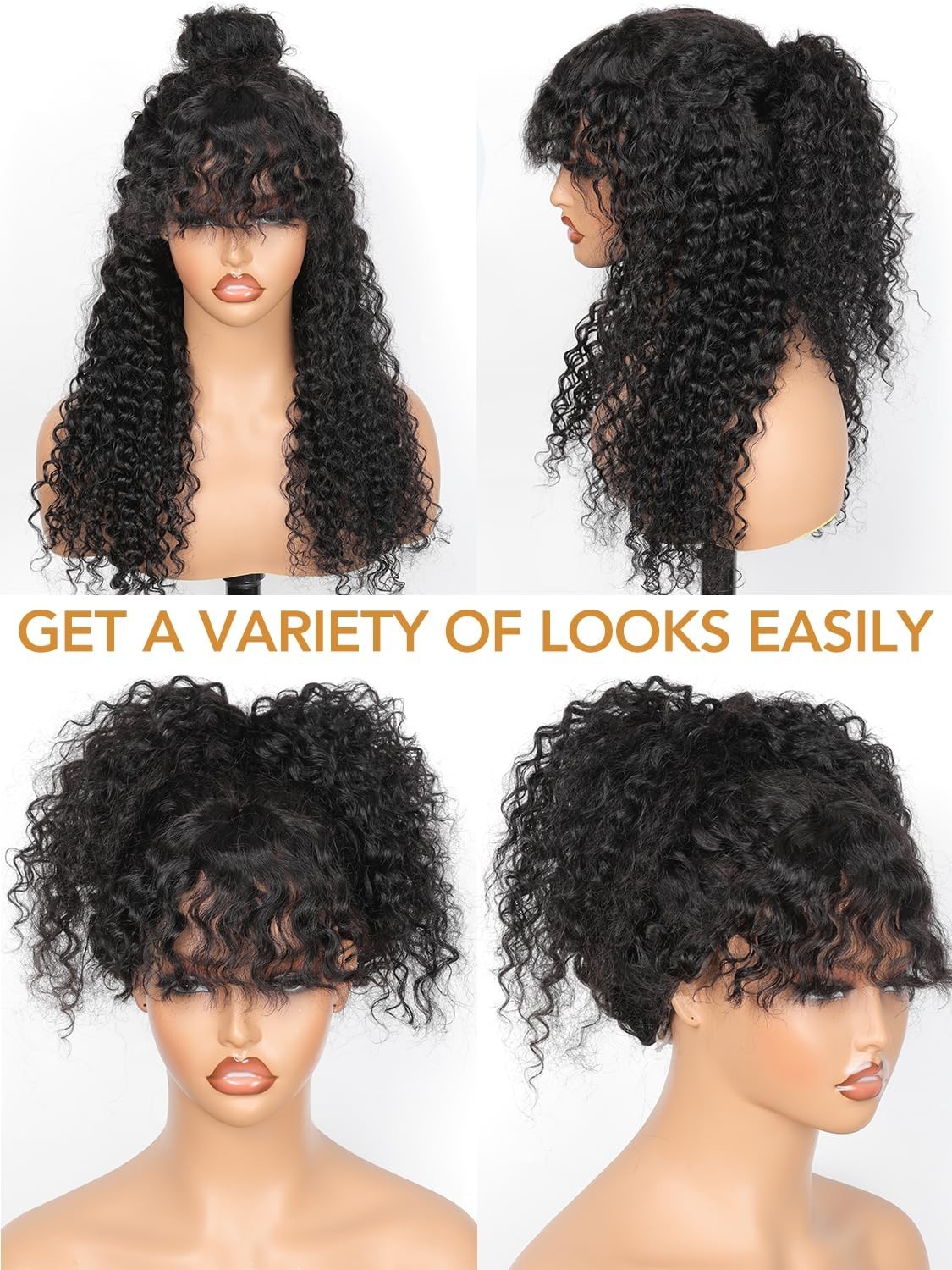 Brazilian Kinky Curly Virgin Human Hair Machine Made Women Hair Wig With Bangs