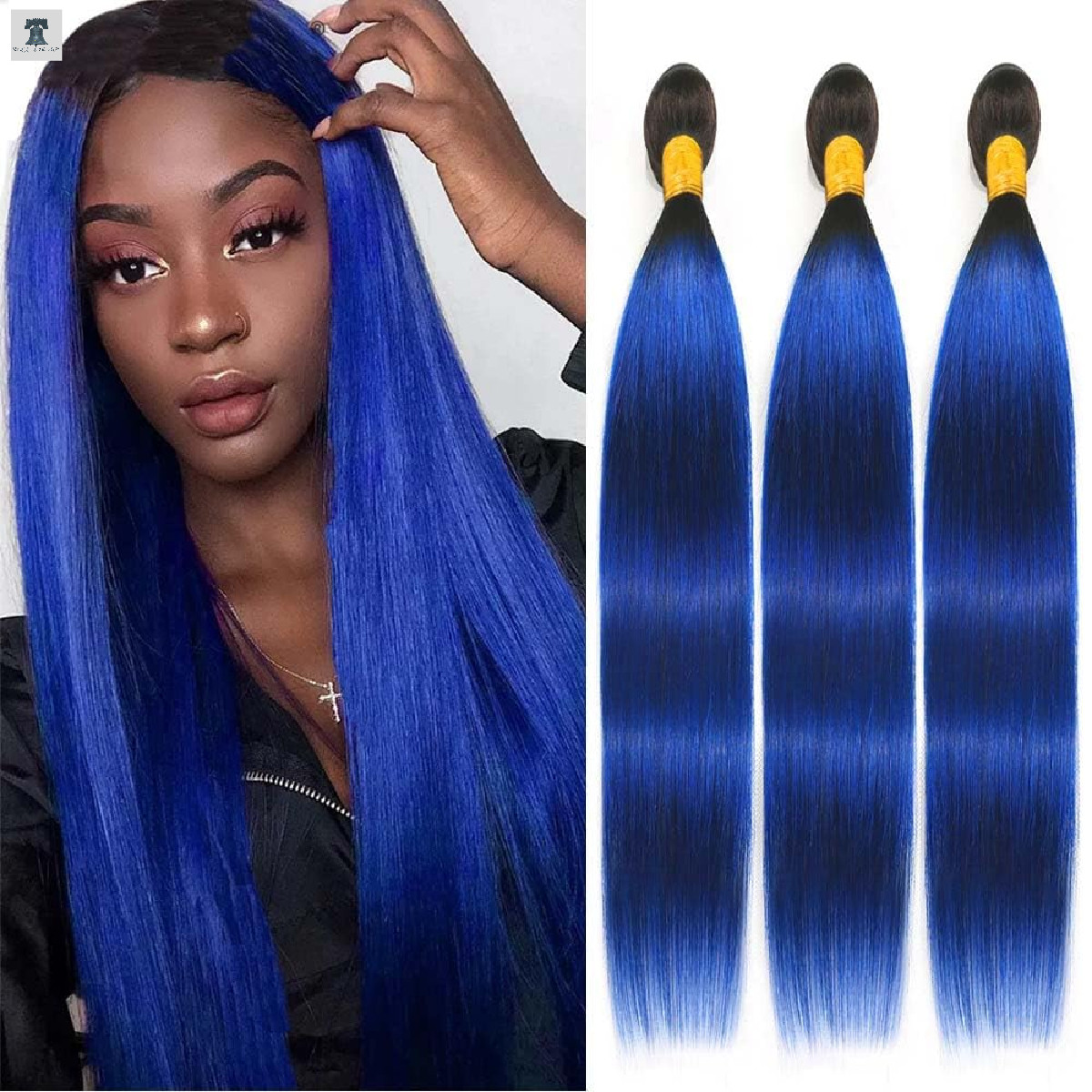 Habiliana Bundles Human Hair 14 16 18 Inch Straight T1B Blue Human Hair Bundles