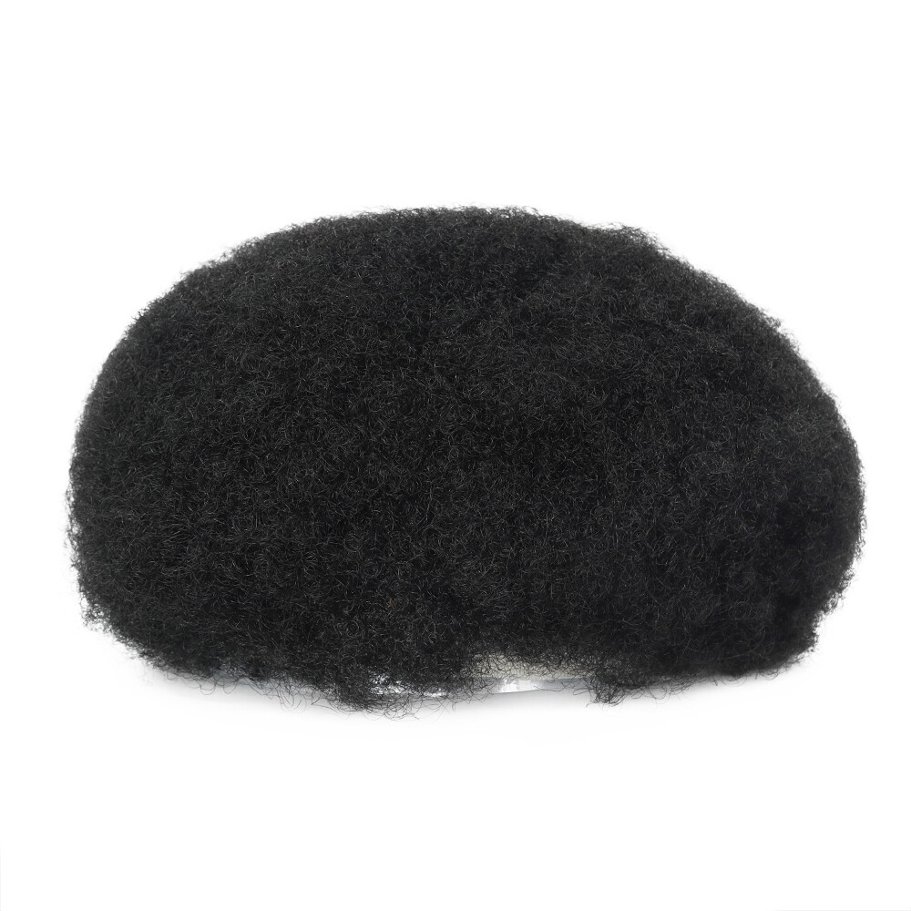 Mens Toupee Human Hair Replacement System Skin Afro Curl 6mm Black Hair Pieces