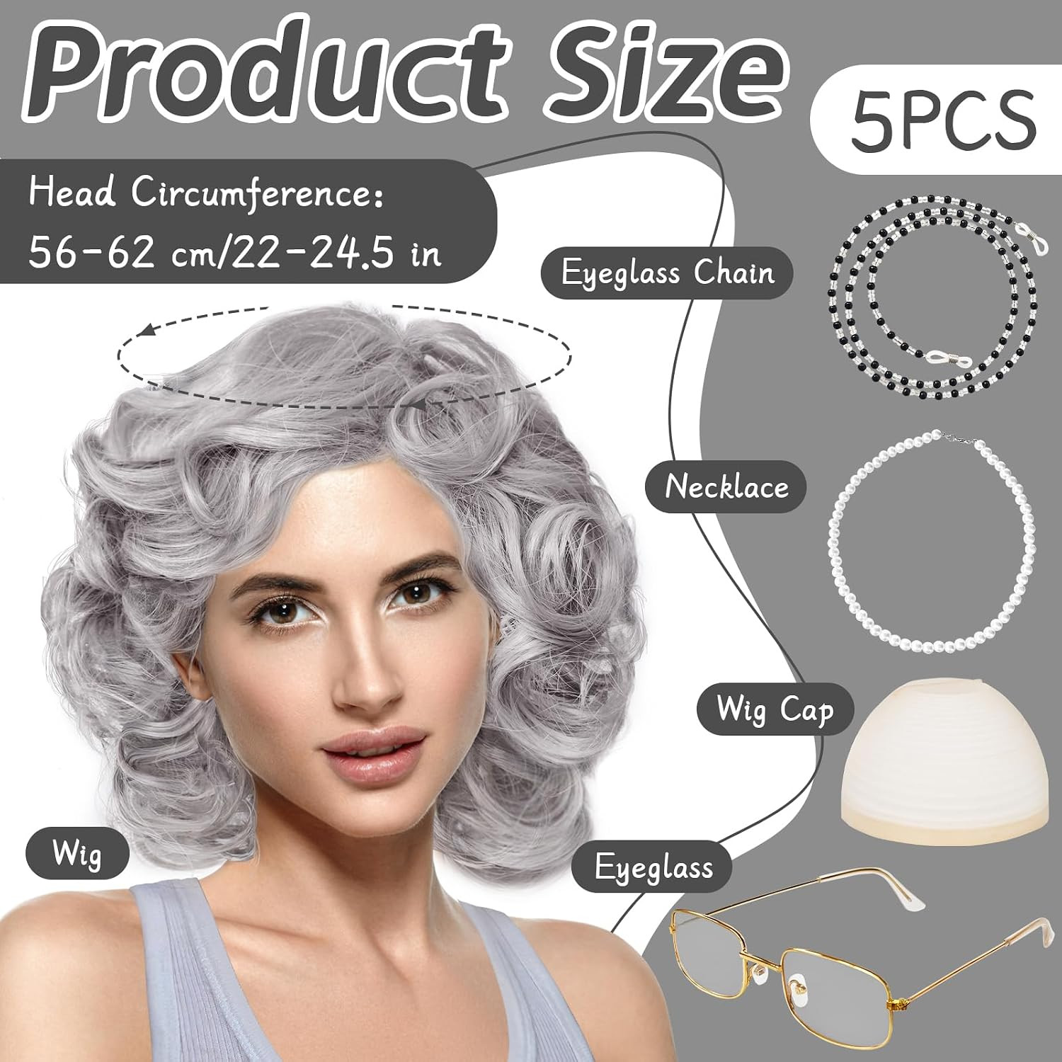 5 Pcs Old Lady Wig and Accessories,Grey Grandma Wigs,Old Lady Wig Costume Set fo