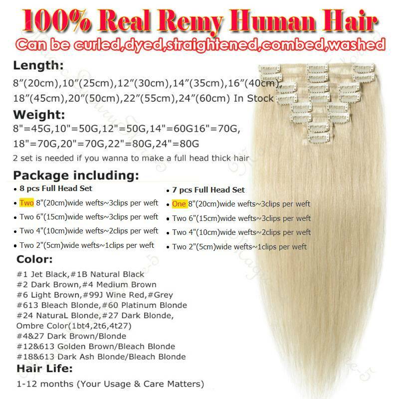 CLEARANCE 100% Human Hair Extensions Clip in Real Remy Hair 8Pcs Full Head Soft