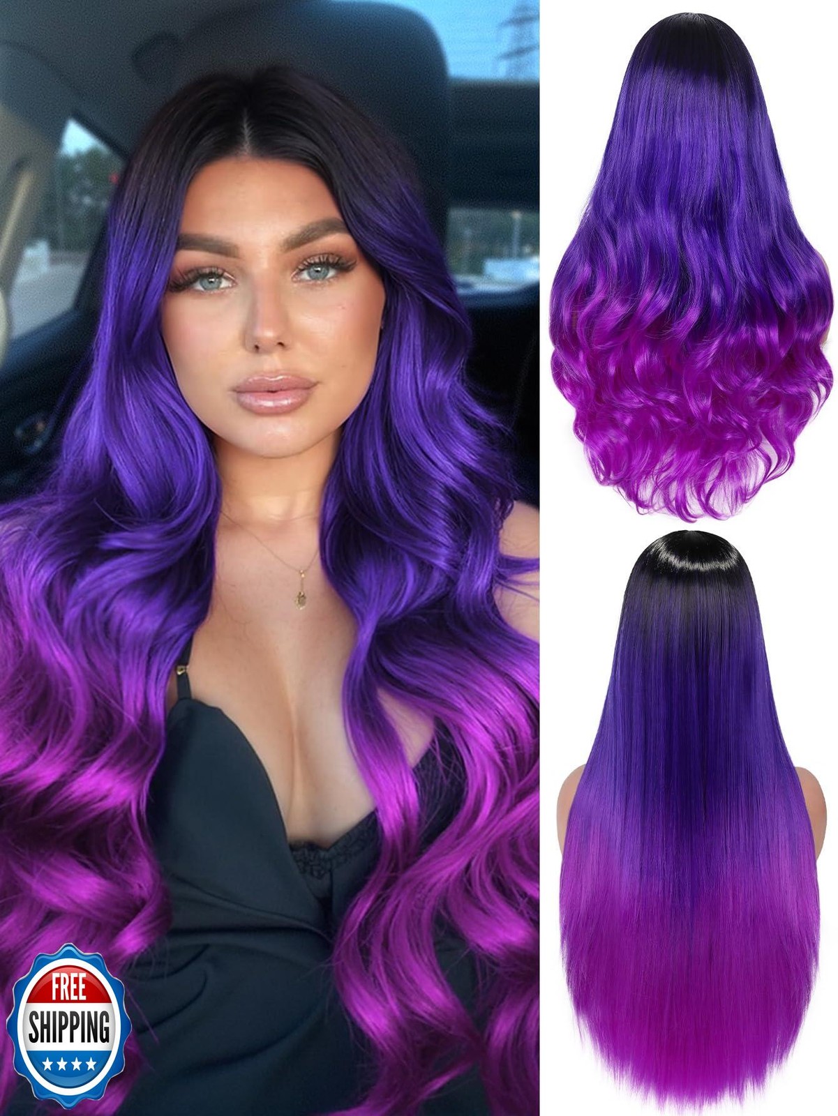 HANNE Ombre Purple Wig Rainbow 3 Tone Mermaid Purple Wigs Black to Blue to Pu
