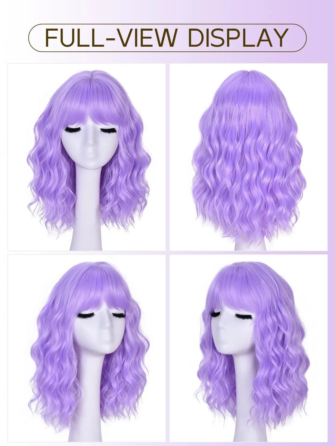 Light Purple Wigs for Women 16in Wavy Bob Wig with Bangs Synthetic Hair Cosplay