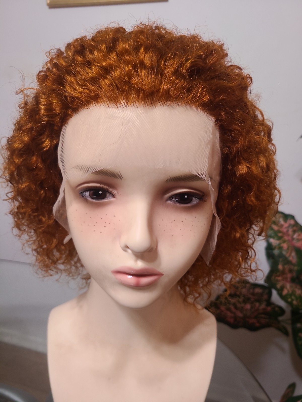 10″Water wave human hair wig,Ginger orange color,short crly wave lace front 13/1