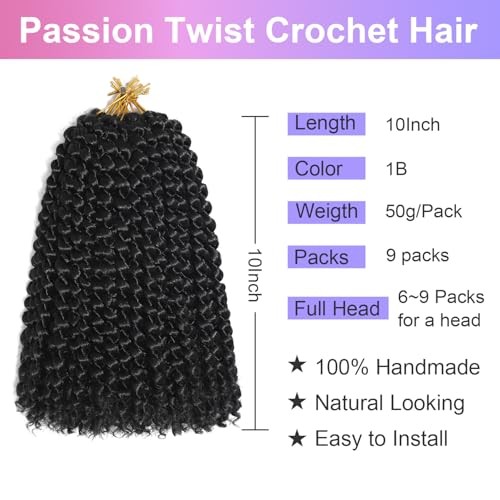 Passion Twist Crochet Hair for Women Black Color 9 Packs 10 Inch (pack of 9) 1B