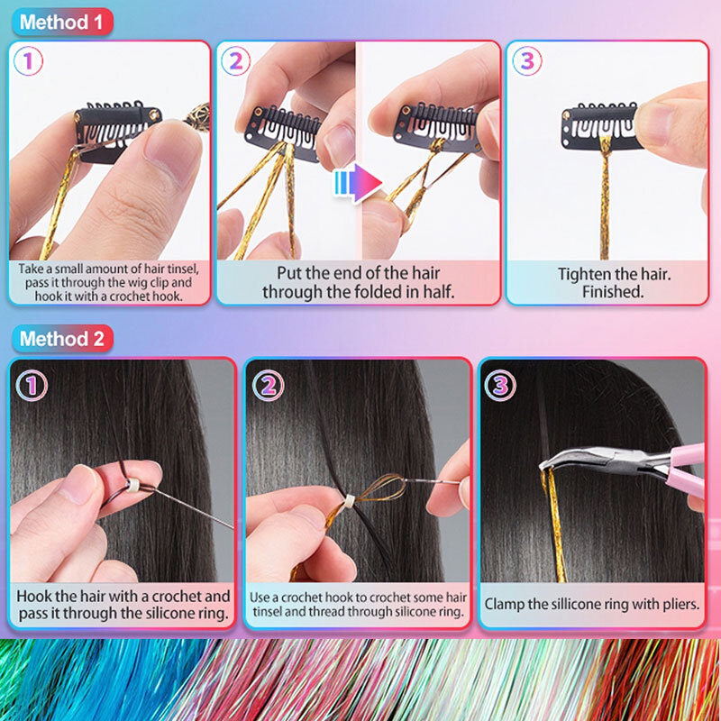 US Hair Tinsel Extension 12 Colors 47 Inch 200 Strands Fairy Holographic Sparkle