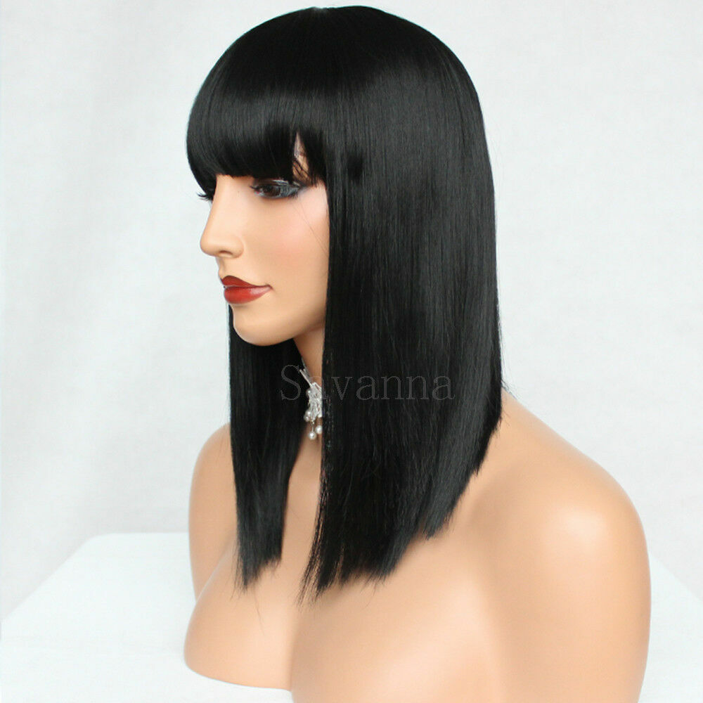 Women’s Black Bob Wig Short Straight Synthetic Fiber Hair Full Bangs Cosplay Wig