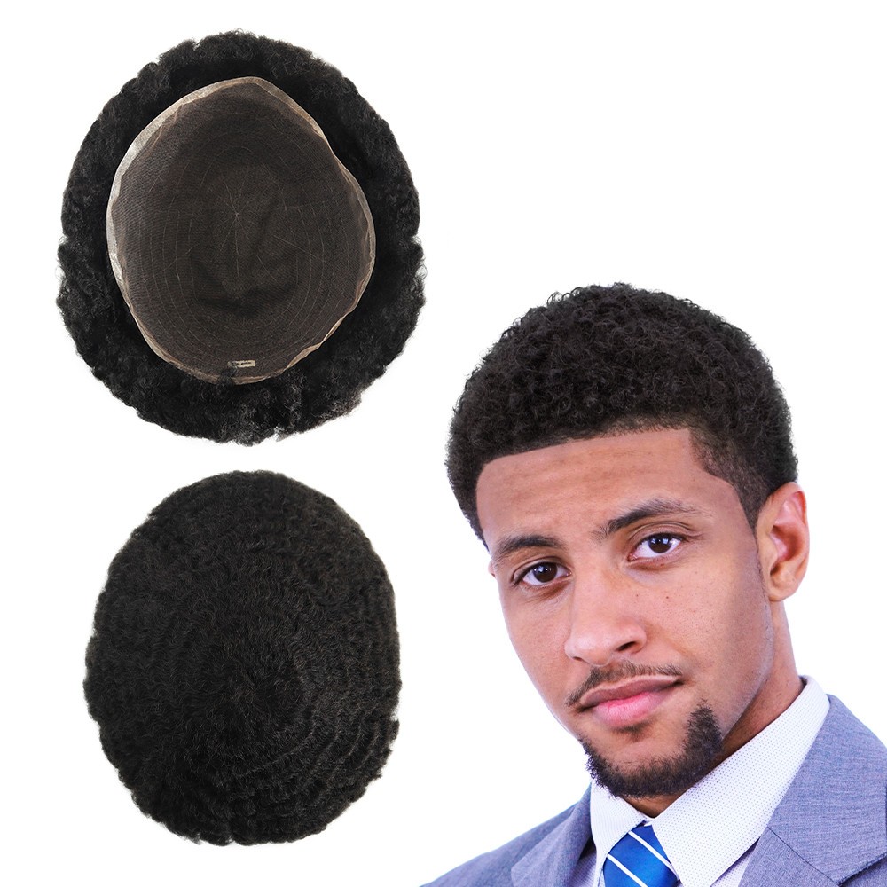 Mens Toupee Human Hair Afro Curl 8mm Full Lace Wig for Men Black Hair System #1B