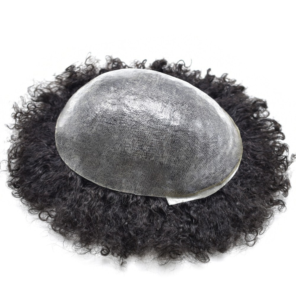 Full PU Afro Toupee for Black Men Kinky Curly Hair Units for Man Human Hairpiece