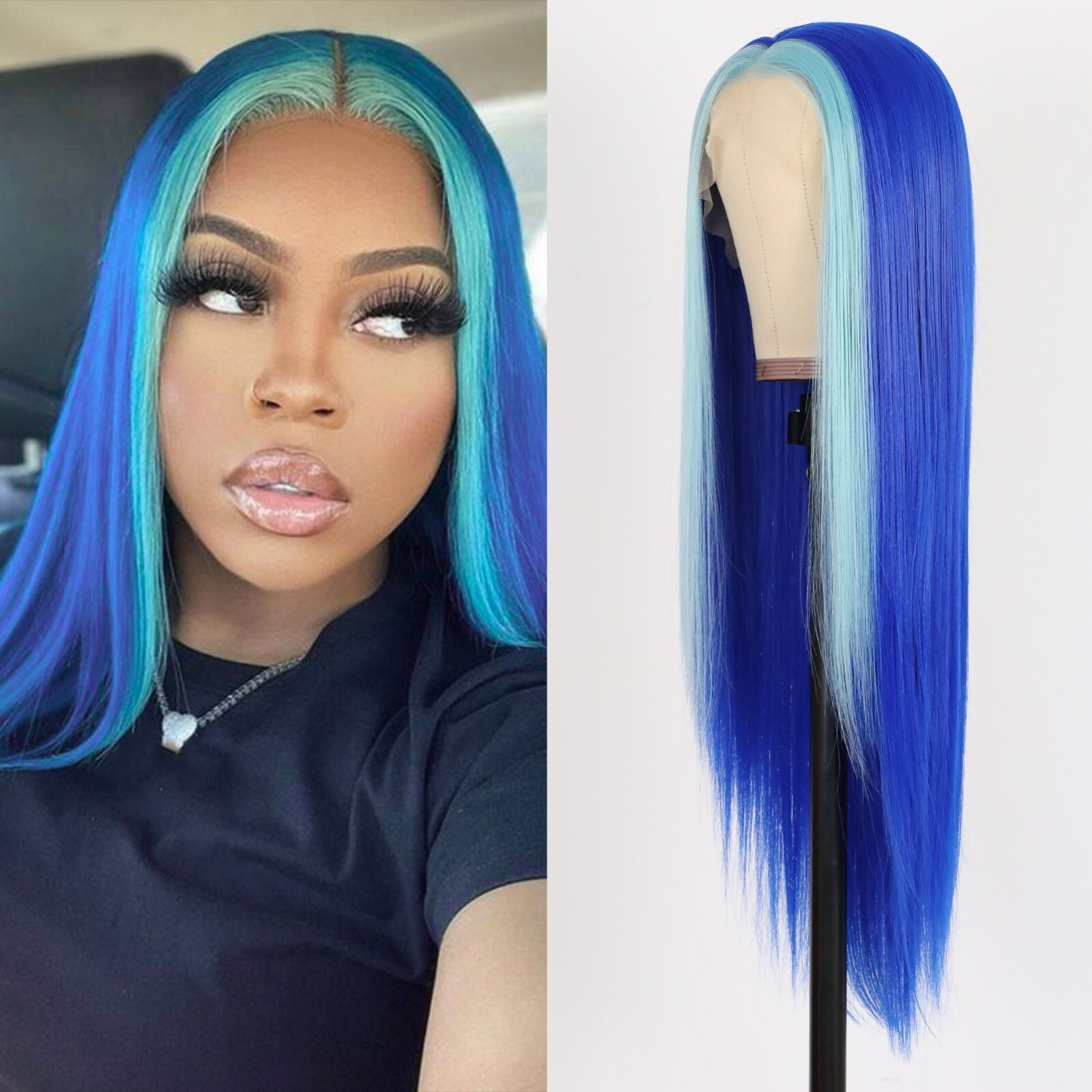 Blue Highlight Wigs Long Straight Hair Natural Heat Resistant Glueless Women Wig