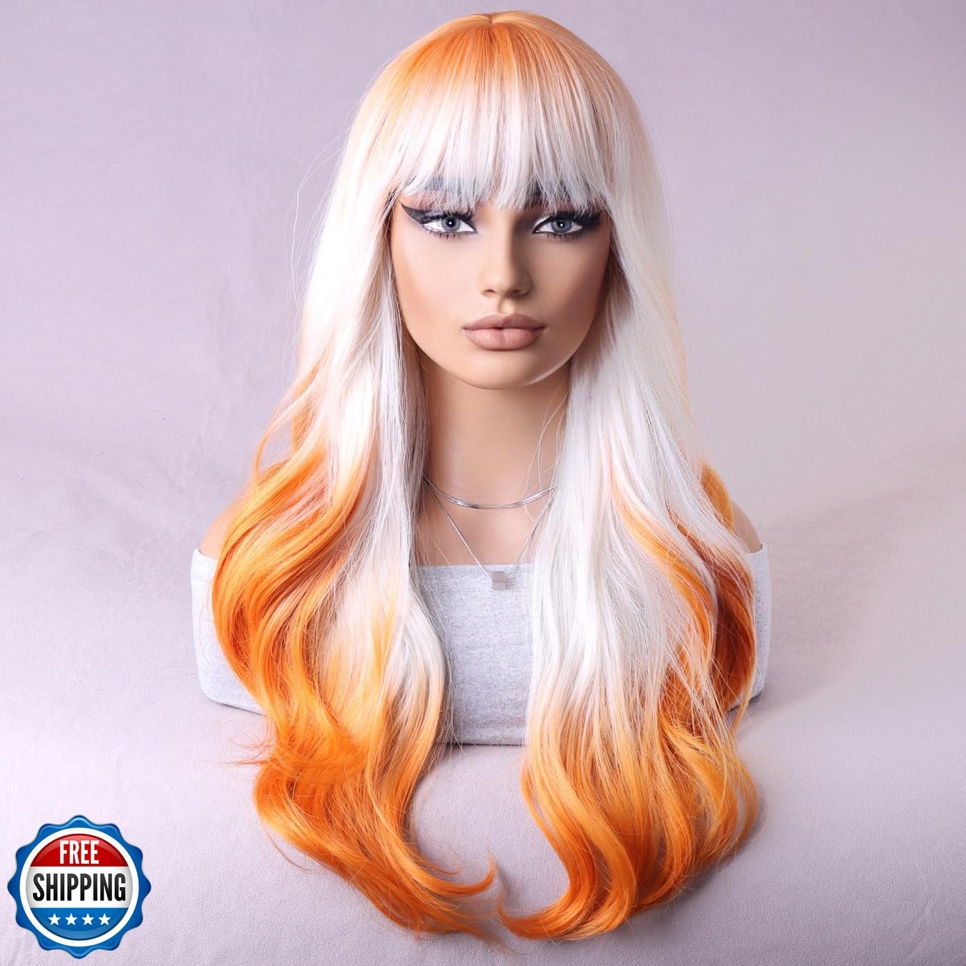 BERON Orange and White Long Wigs Curly Wavy Women’s Wigs with Bangs Orange Wh