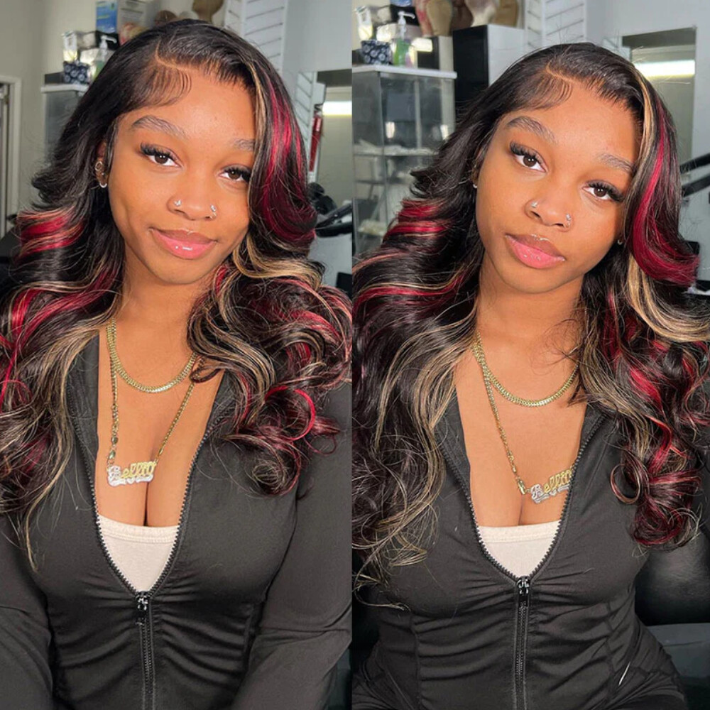 Malaysian Highlight Blonde Body Wave 13×4 Lace Front Wig Human Hair Skunk Stripe