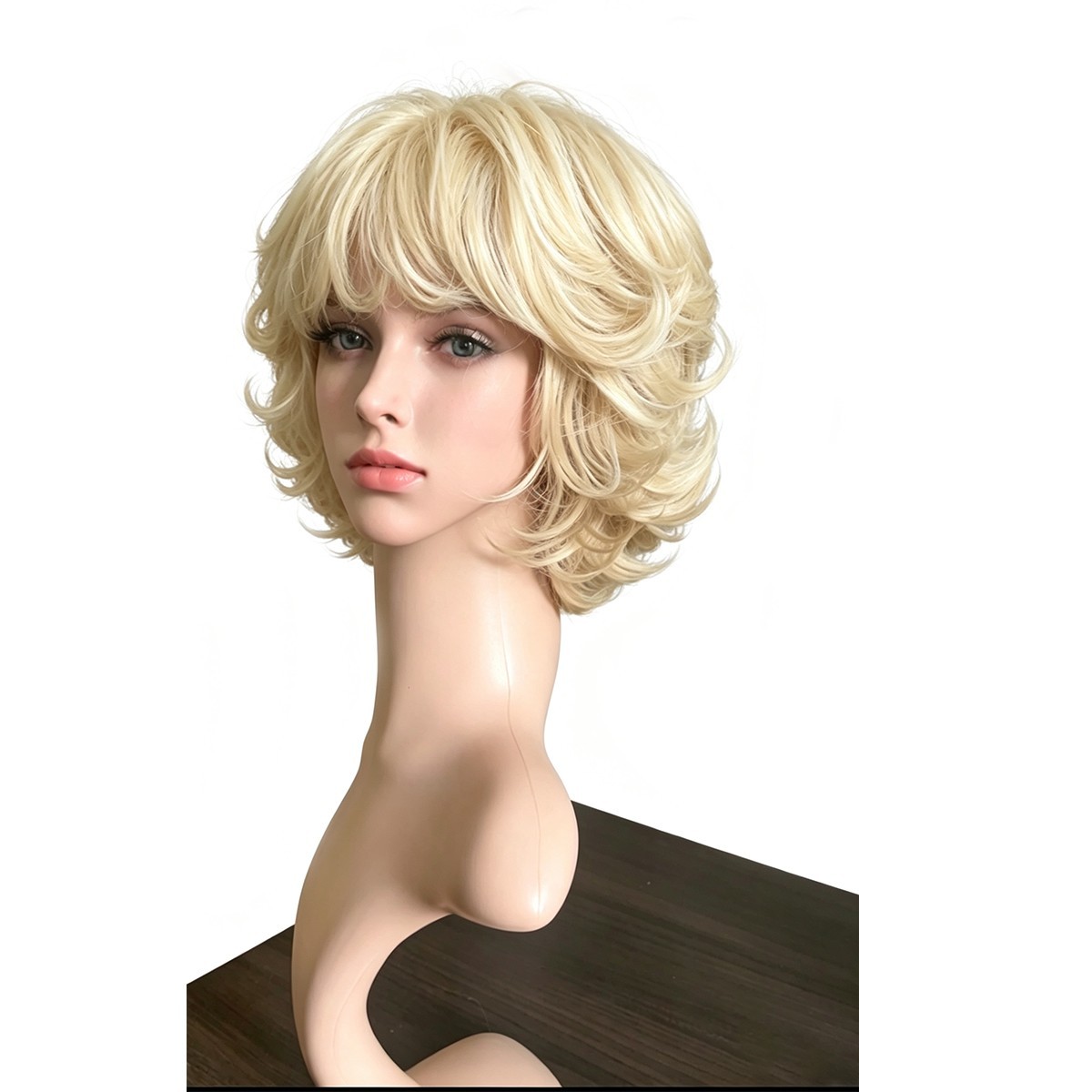 Highlight Blonde Brown Mix Wig Short Fluffy Wavy Bob Wig With Bangs Heat Resista