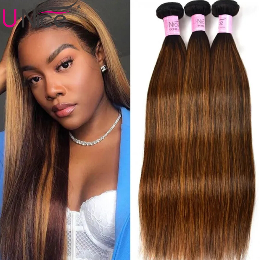 UNice Indian Ombre Brown Balayage Straight 3 Bundles Human Hair Weave Extensions