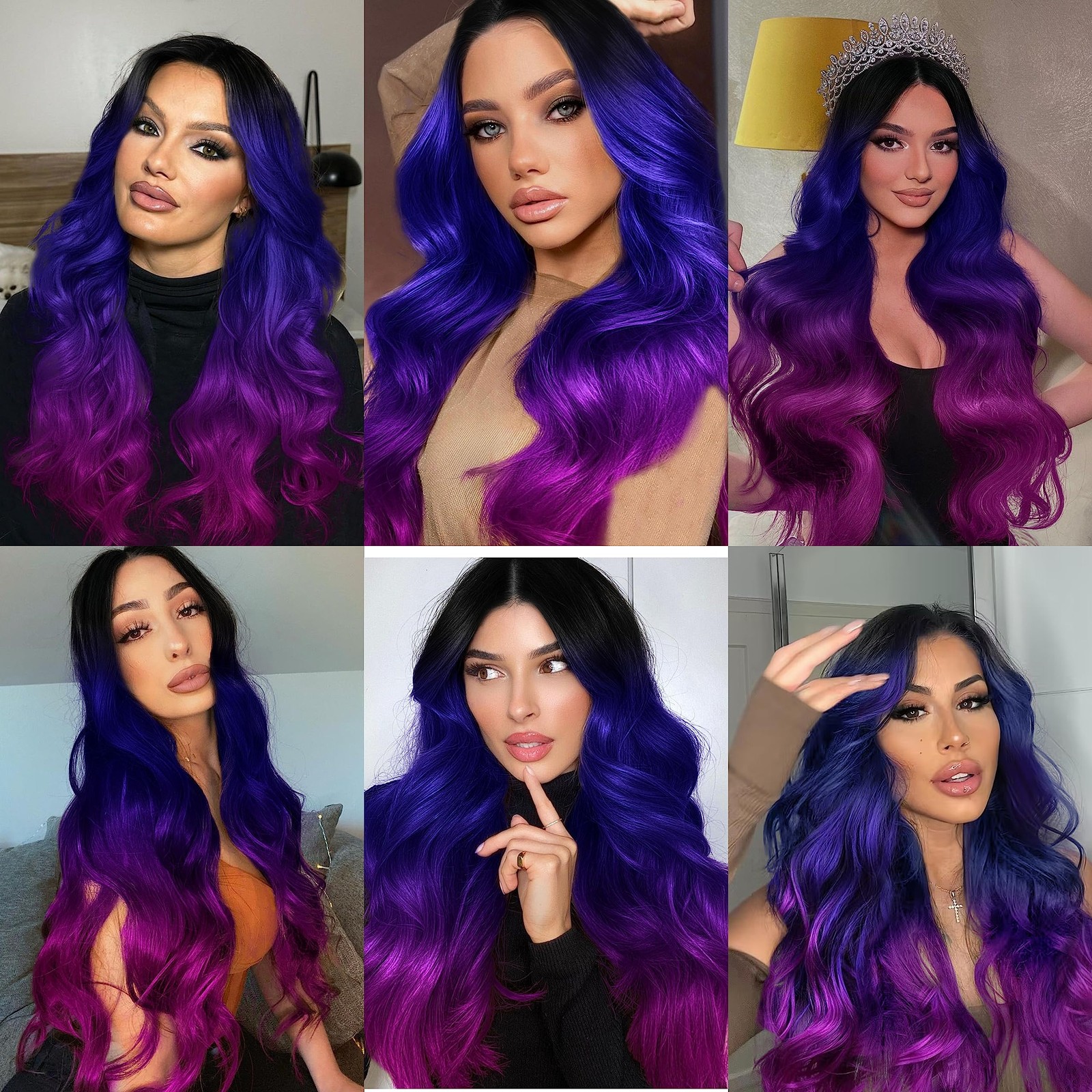Long Wavy Wig – Black to Blue to Purple Ombre Color, Curly, Rainbow, Middle P…