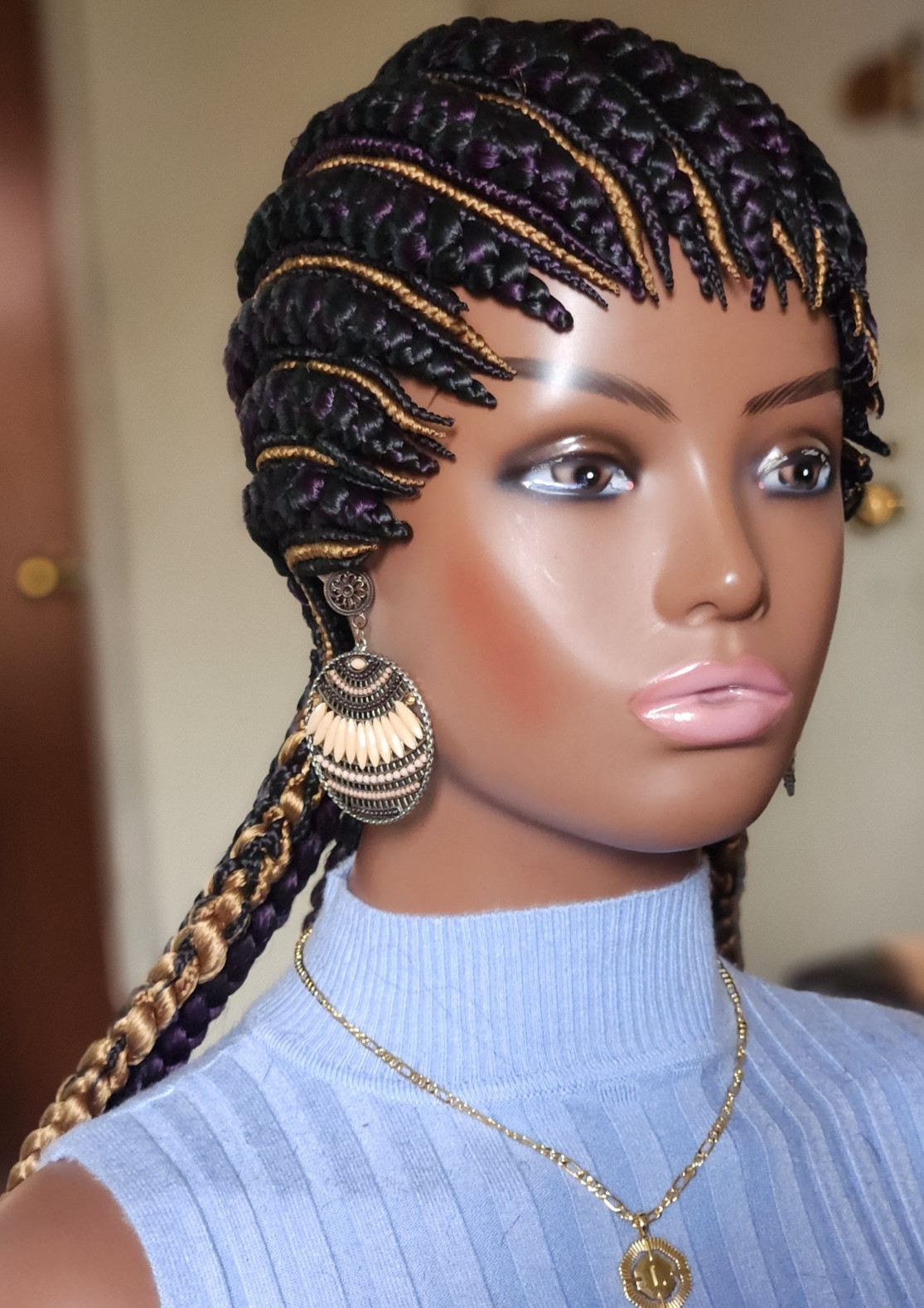 Fully hand braided Ghana banana cornrows wig All back down 1B mix dark purple/27
