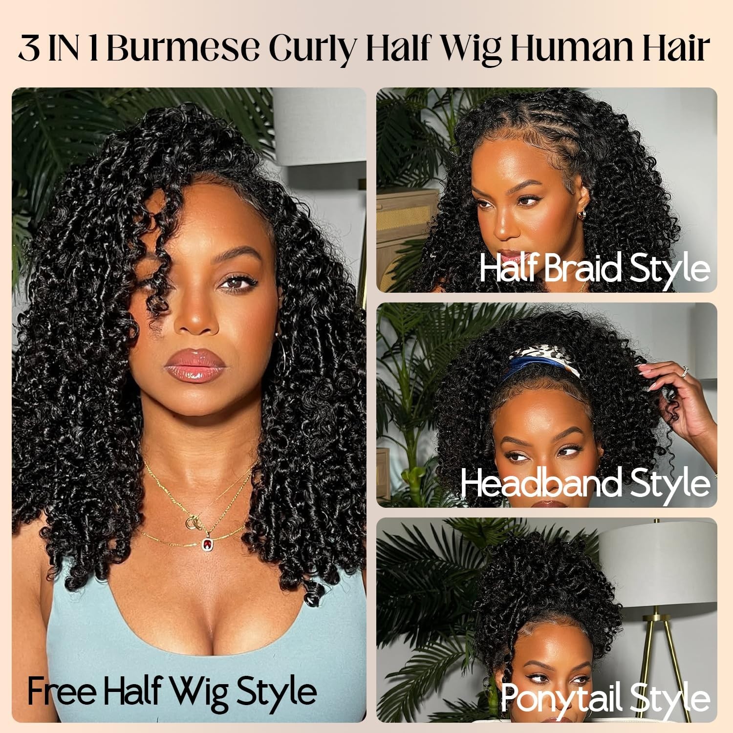 250% Density 20″ Burmese Curly Half Wig – 100% Human Hair, Glueless, Seamless, 3