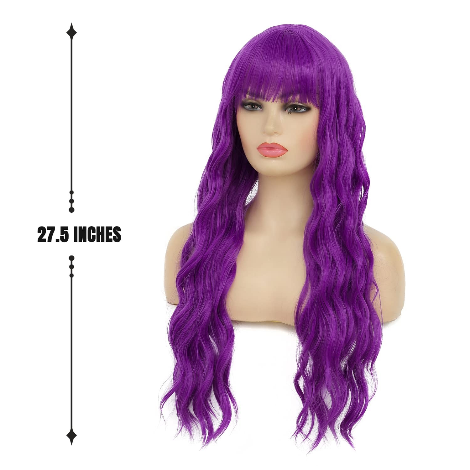 Womens Long Curly Wavy Wig Purple Wigs with Bangs Synthetic Full Wigs for Dai…