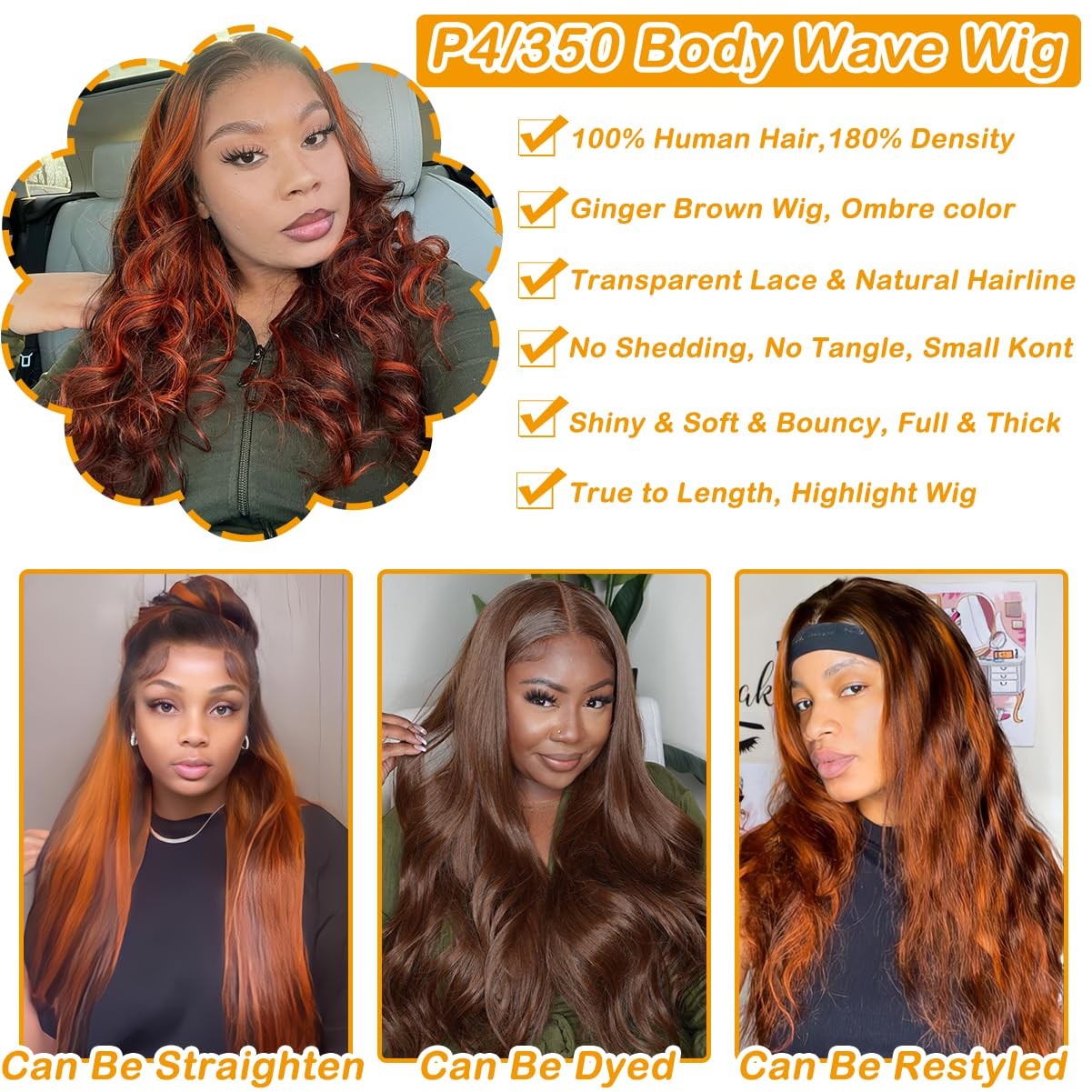 Lainss P4/350 Body Wave Lace Front Wigs Human Hair Brown Ginger Colored Wigs