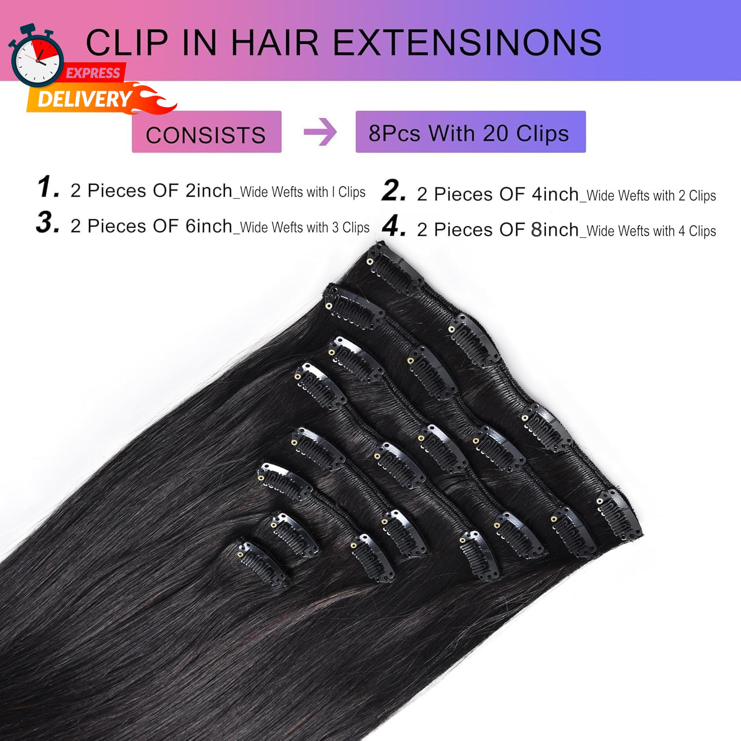 Clip in Hair Extensions Real Human Hair, 20 Inch 105G/3.7Oz, 1B Natural Black, I