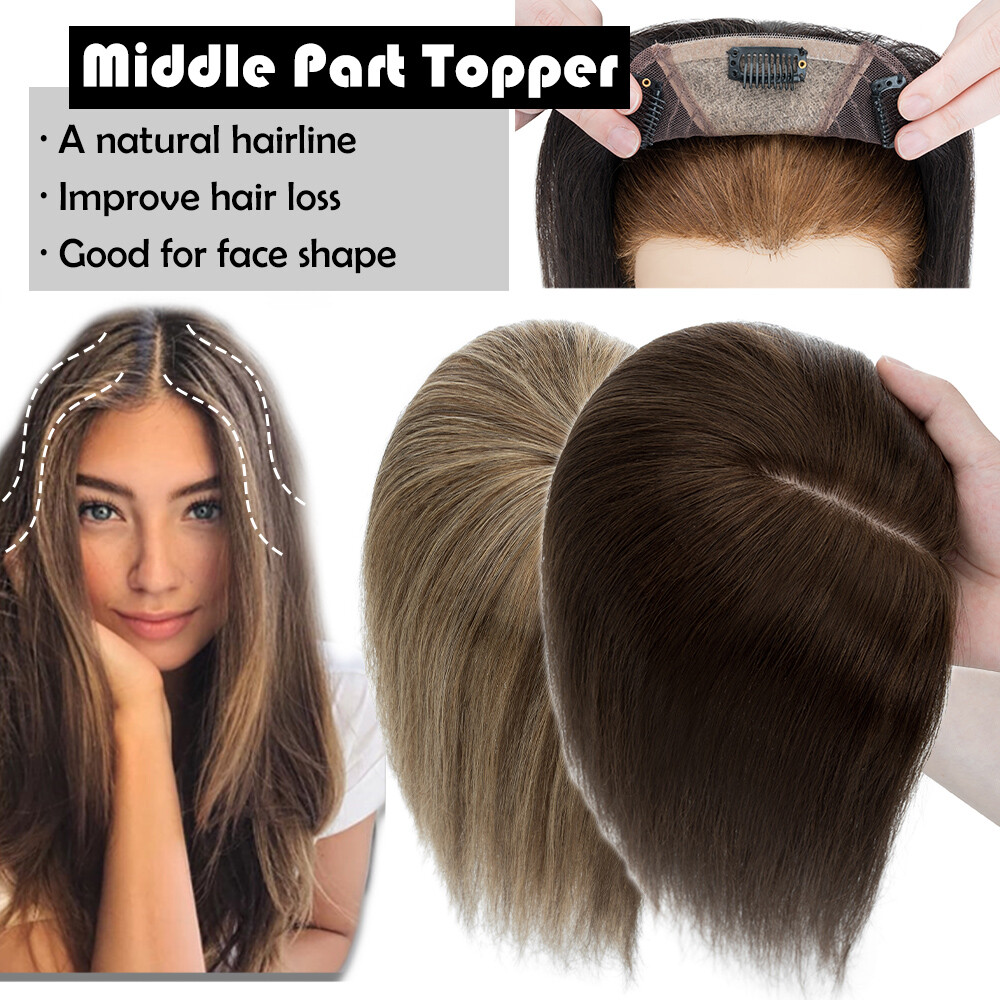 Top Topper Toupee Clip In Remy 100% Human Hair Silk Base Wiglet THICK Piece Weft