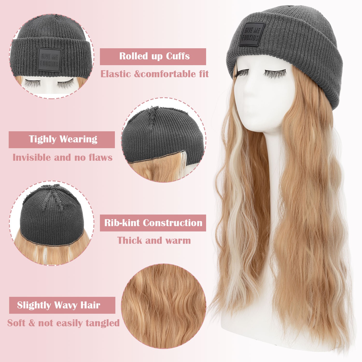 Winter Synthetic Women Long Wavy Beanie Knitted Hat Wig with Synthetic Hair Wigs